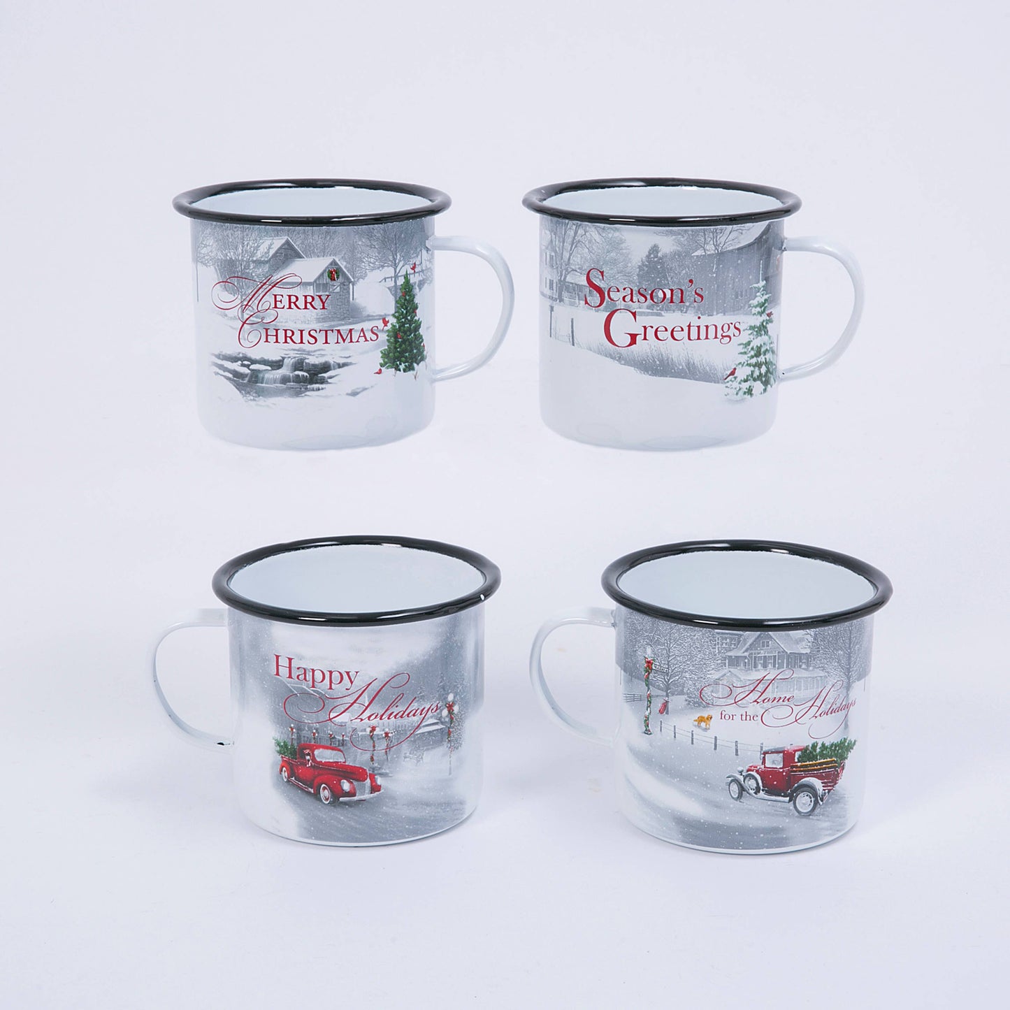 Holiday 3.9"H Enamel Metal Holiday Design Decorative Mug, 4 Asst