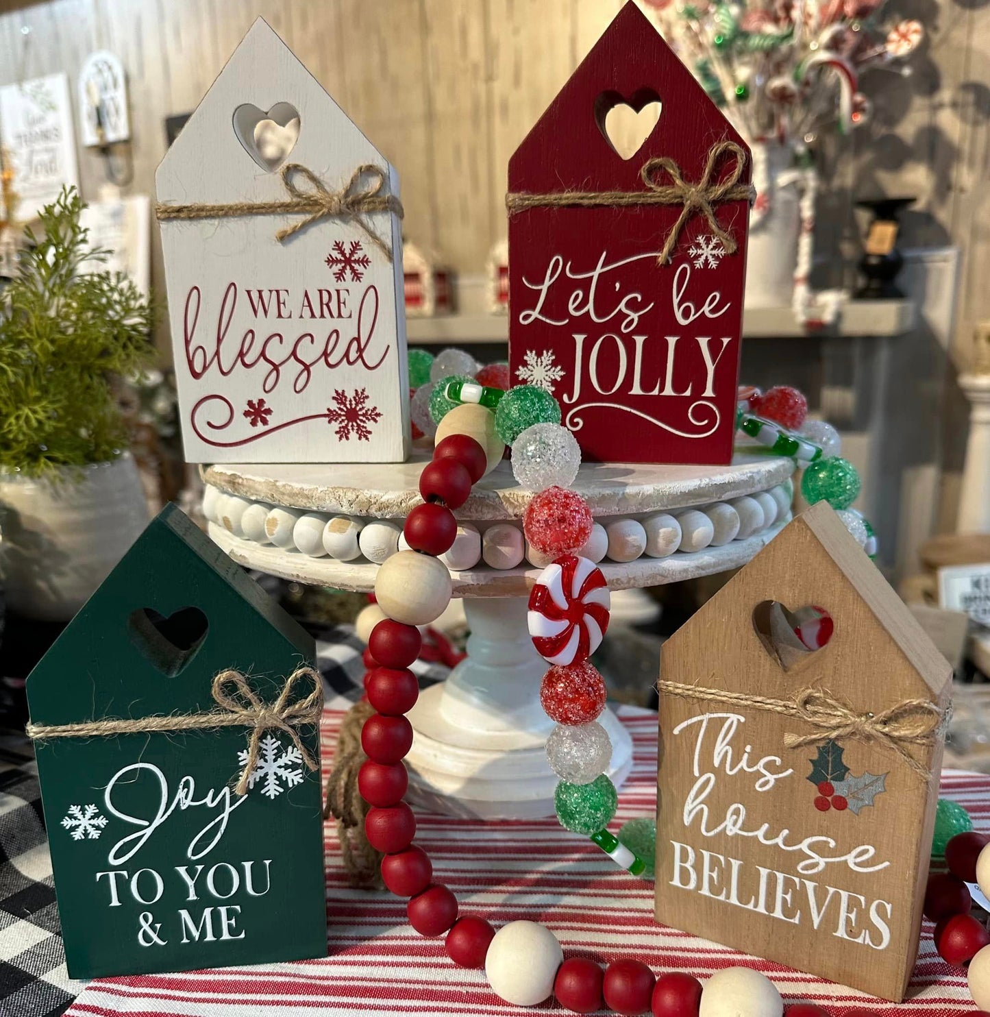 Wood Tabletop Christmas House Shaped Sign with Heart Cutout