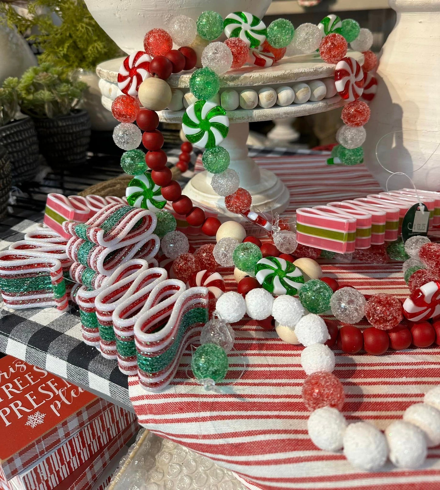 Glittered Ribbon Candy Ornament - Green Red White 2.75"
