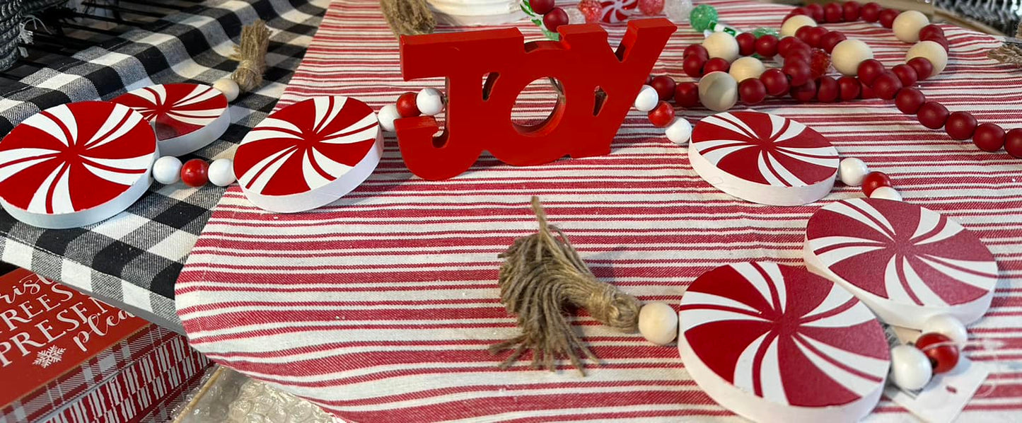 Wood Tabletop Word with Peppermint Candy Joy Sign