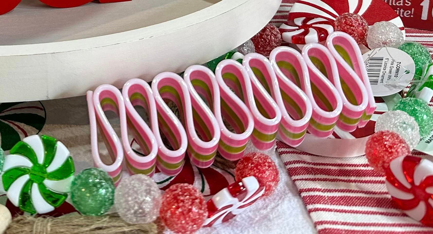 Licorice Ribbon Ornament - Pink Green White 6"