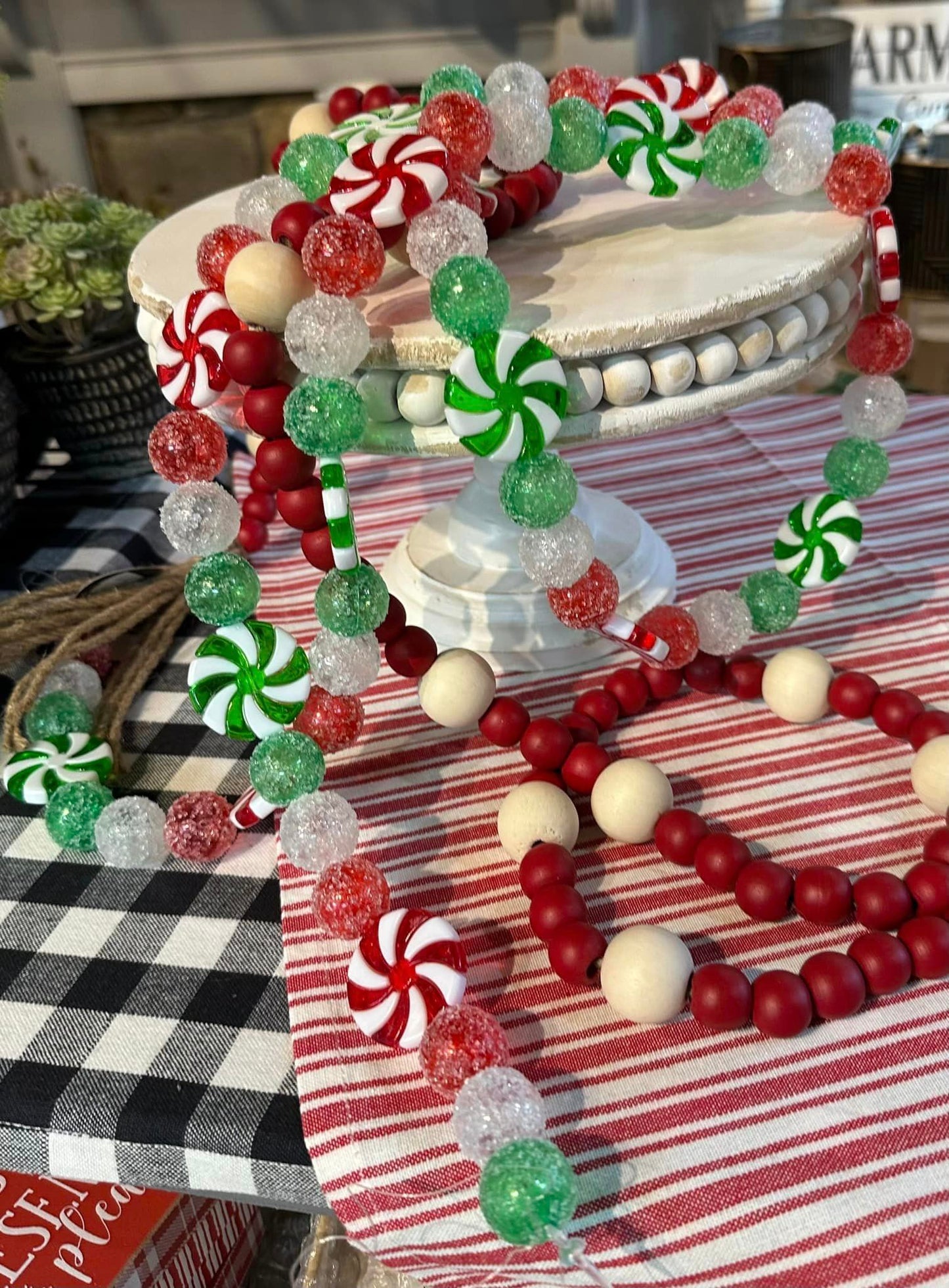 Frosted Peppermint Candy And Ball Garland - Red Green White