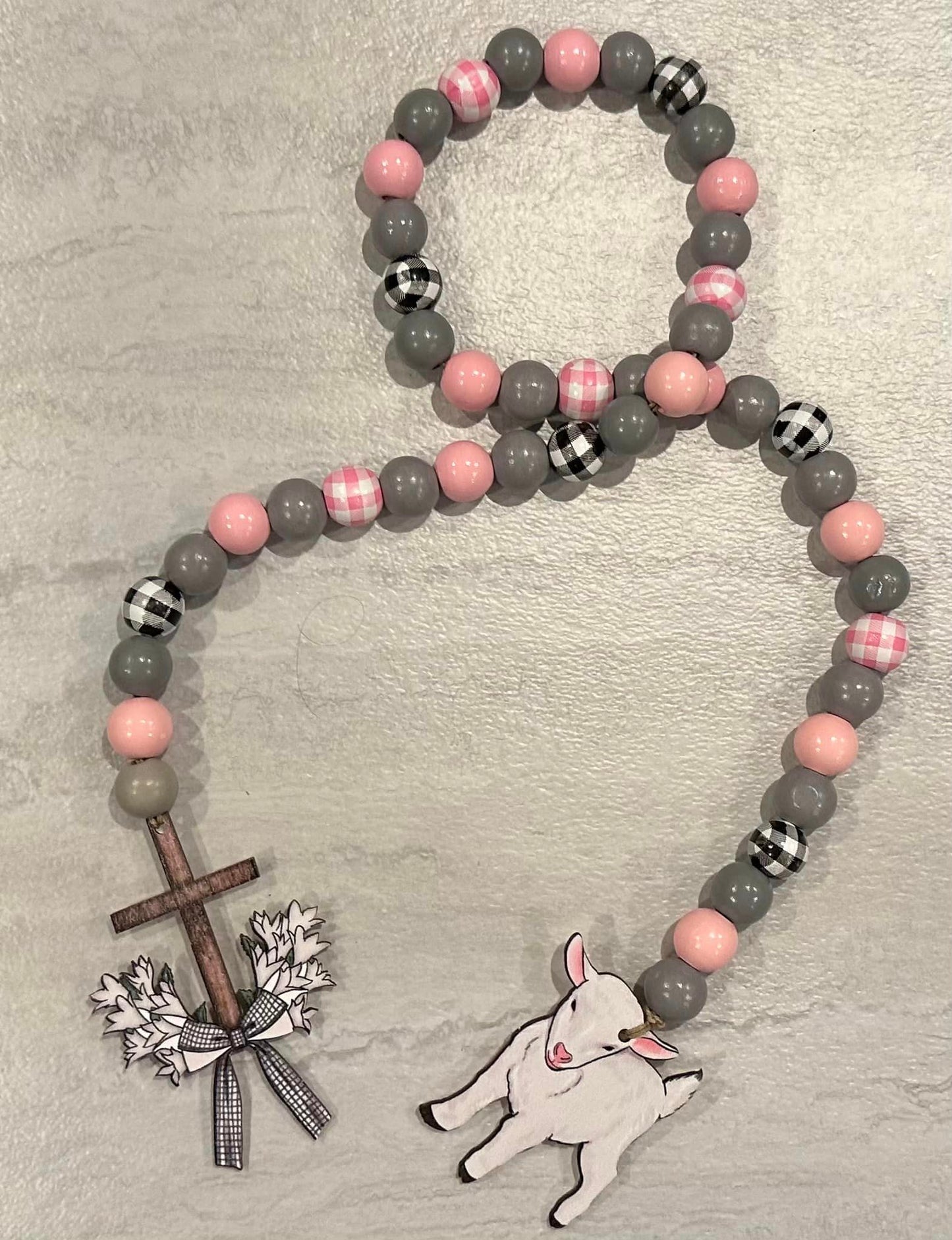 Lamb and Cross Wood Bead Garland - 34"