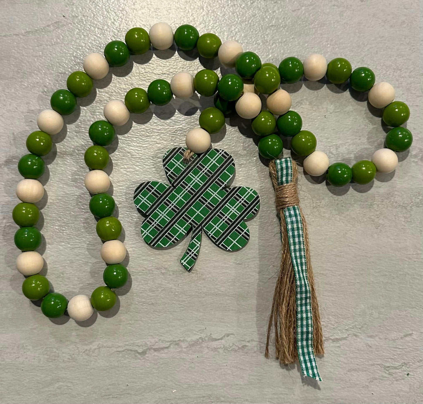 Saint Patrick's Day Wood Bead Garland- Plaid Shamrock