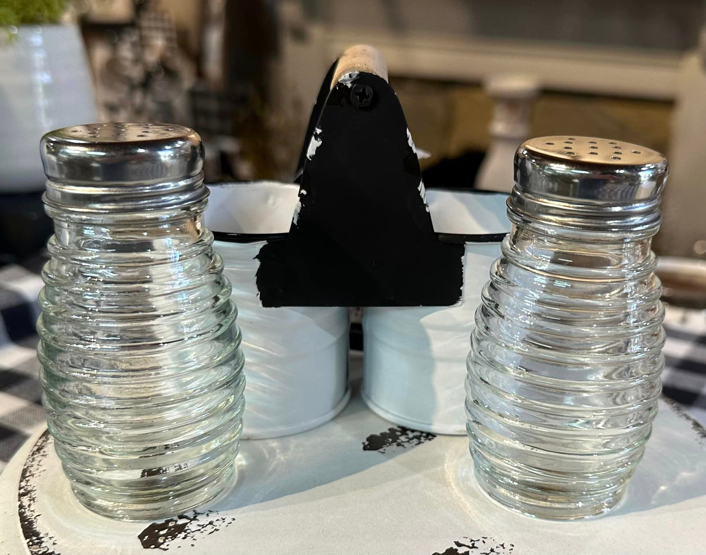 Glass Salt and Pepper Shakers with Caddy