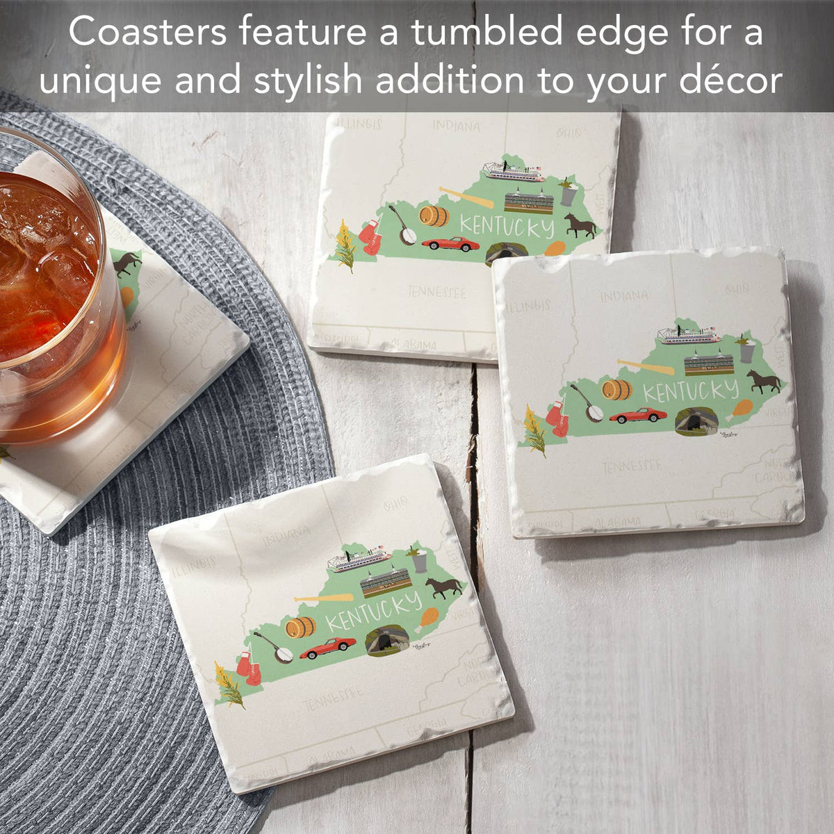 "Kentucky State Icons" 4 Pack Tumbled Tile Coaster Set