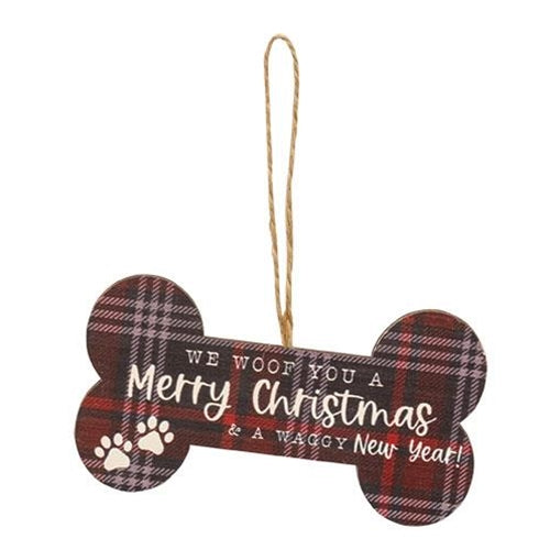 We Woof You A Merry Christmas Plaid Dog Bone Ornament