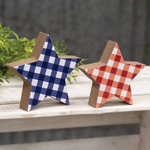Blue & Red Plaid Wooden Stars set/2