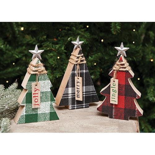 Plaid Chunky Wood Christmas Tree, 3 Asstd.