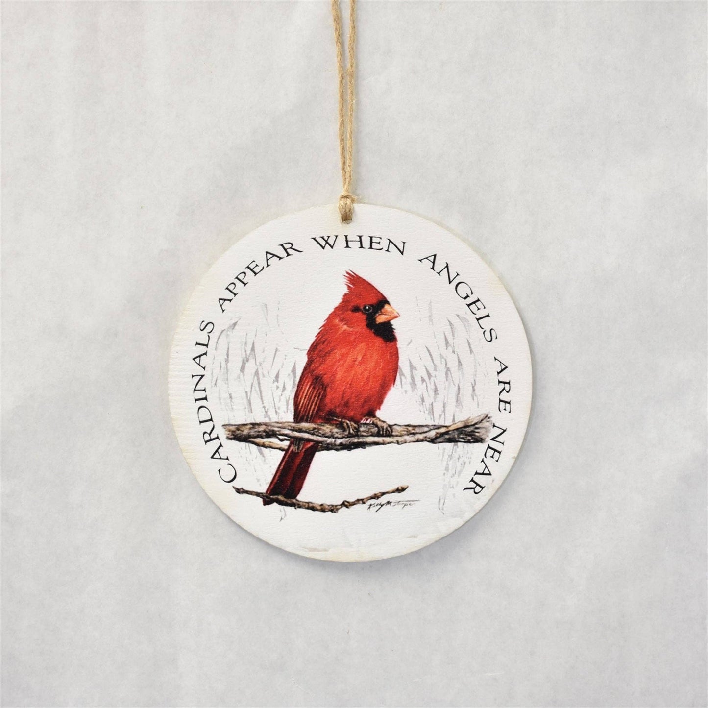 Wooden Red Bird Disk Ornament - White/Red 5.75"