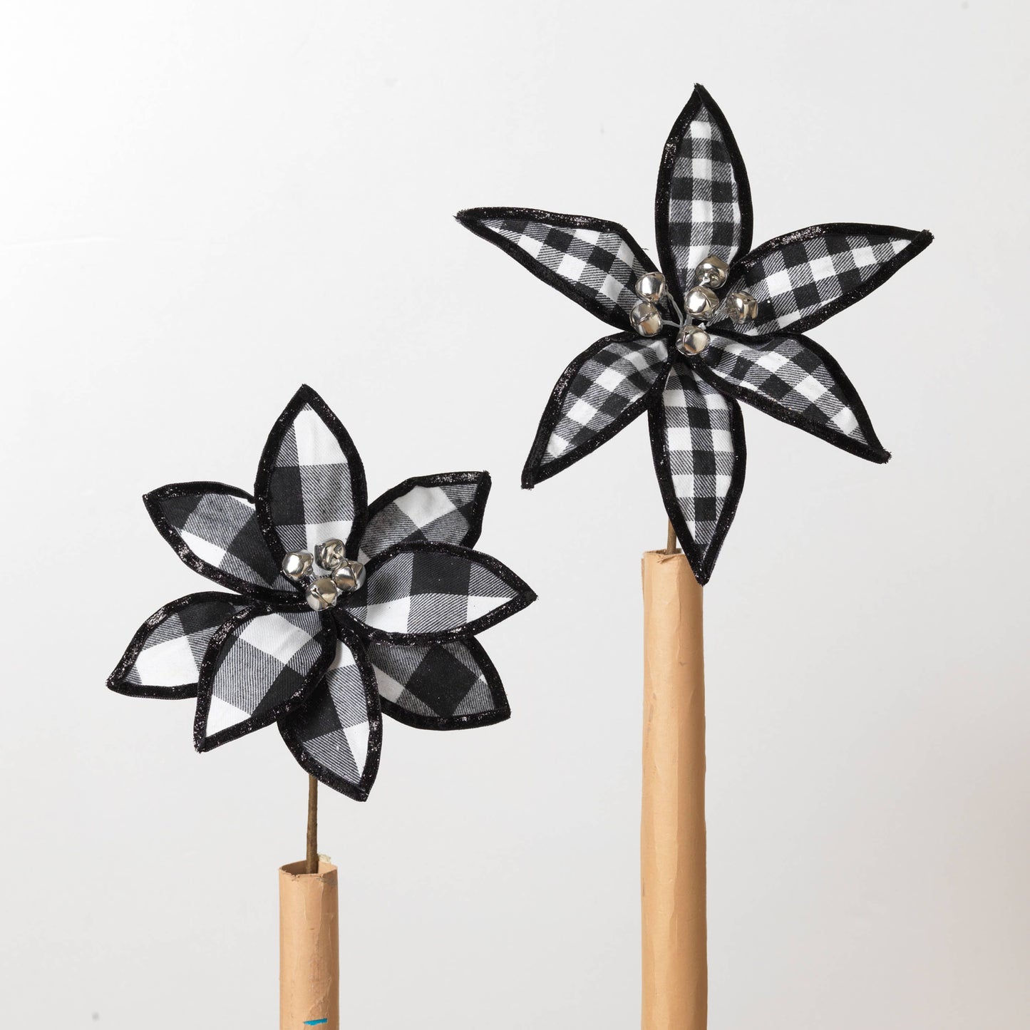 9.5"H Fabric Black & White Plaid Poinsettia Pick, 2 Asst