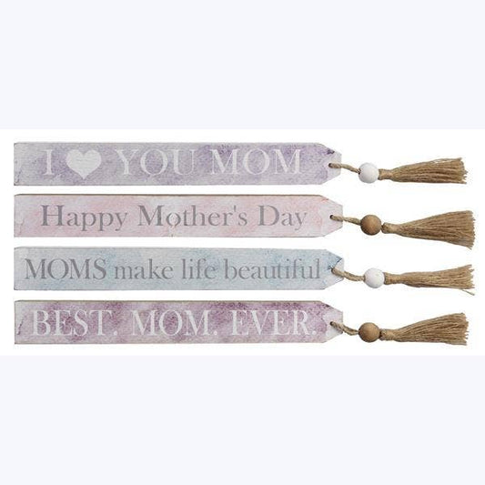 Wood Mom Long Tabletop Block Sign with Tassel, 4 Assortment.
