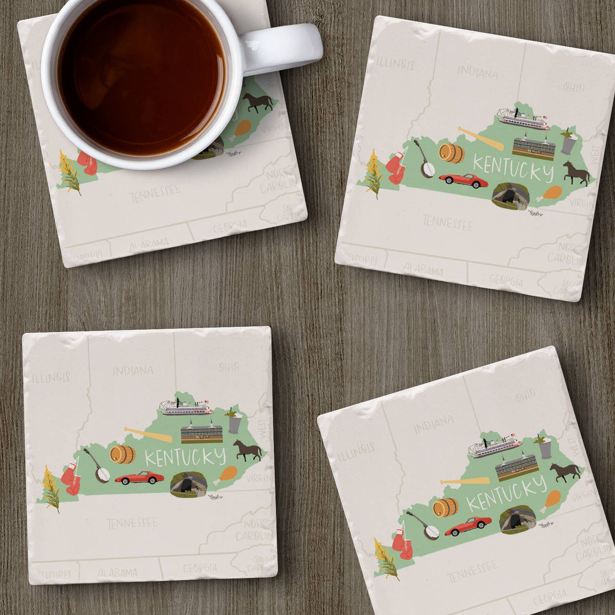 "Kentucky State Icons" 4 Pack Tumbled Tile Coaster Set