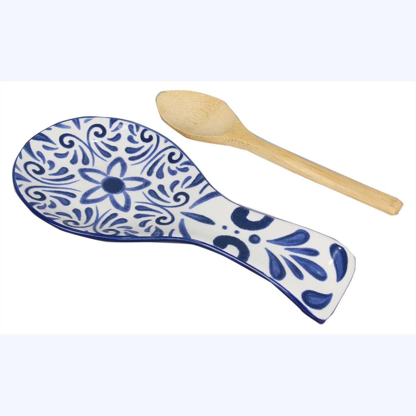 Talavera Ceramic Spoon Rest Set with Bamboo Spoon & Towel