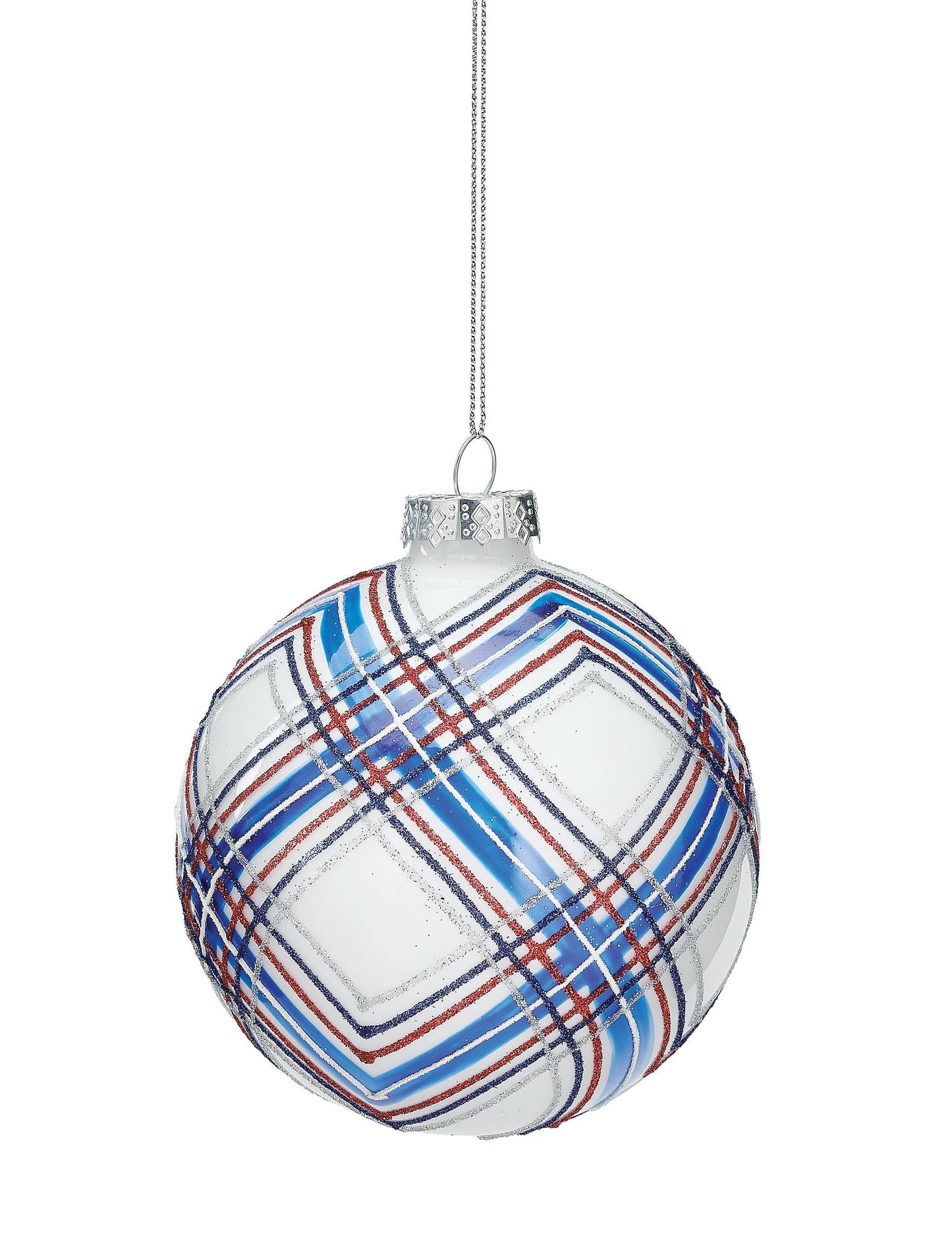 White Glass Ball Ornament, Red Blue Silver Glitter, 4.75"