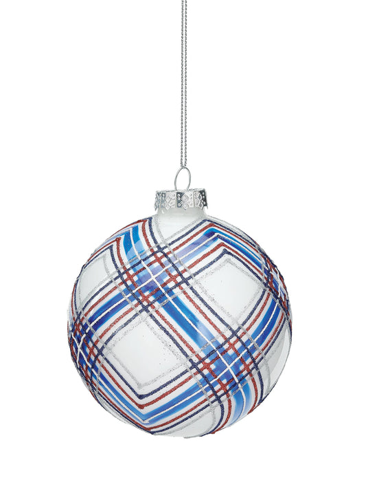 White Glass Ball Ornament, Red Blue Silver Glitter, 4.75"