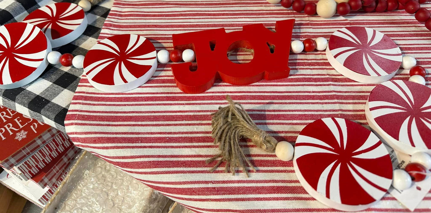 Wood Tabletop Word with Peppermint Candy Joy Sign