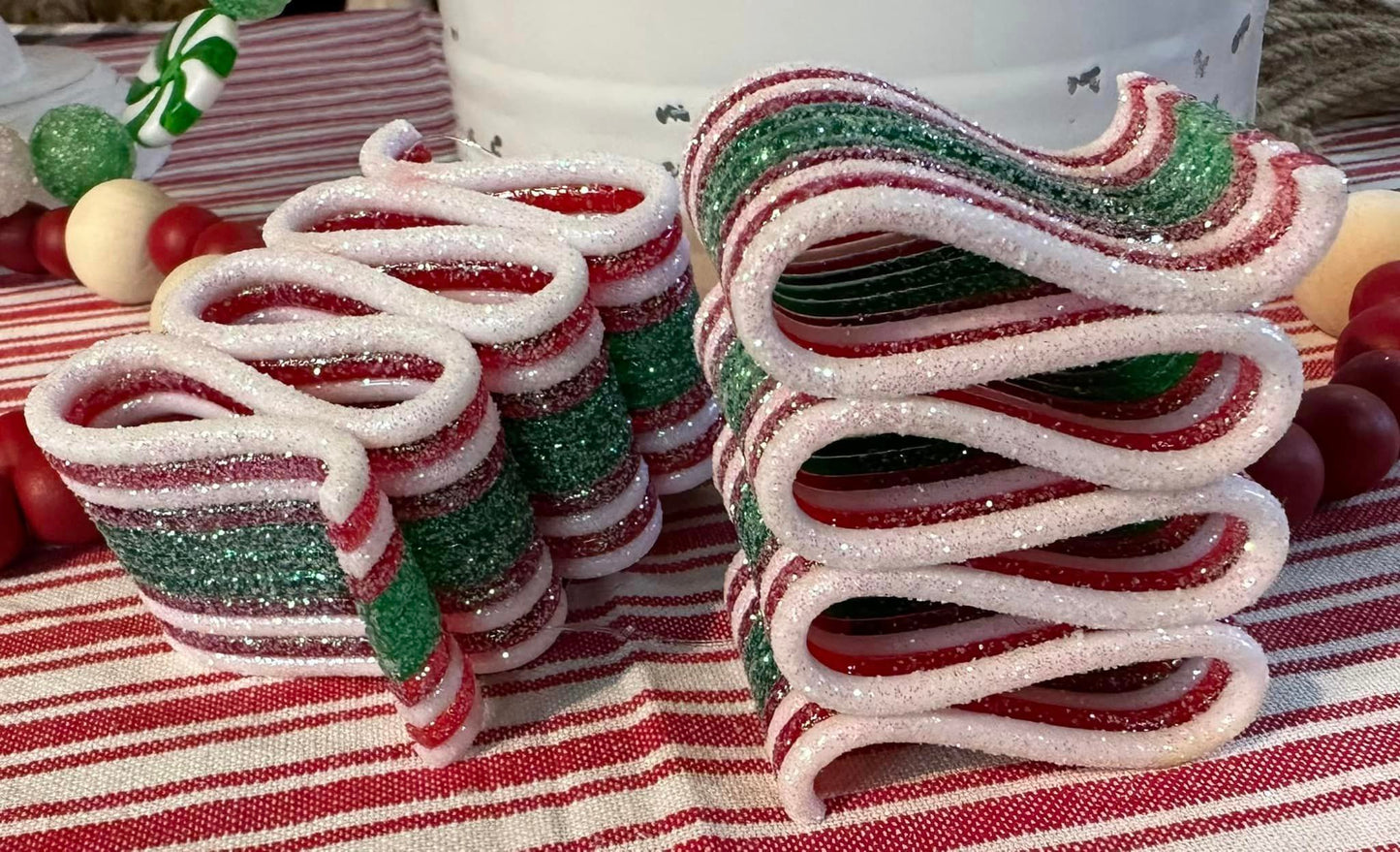 Glittered Ribbon Candy Ornament - Green Red White 2.75"