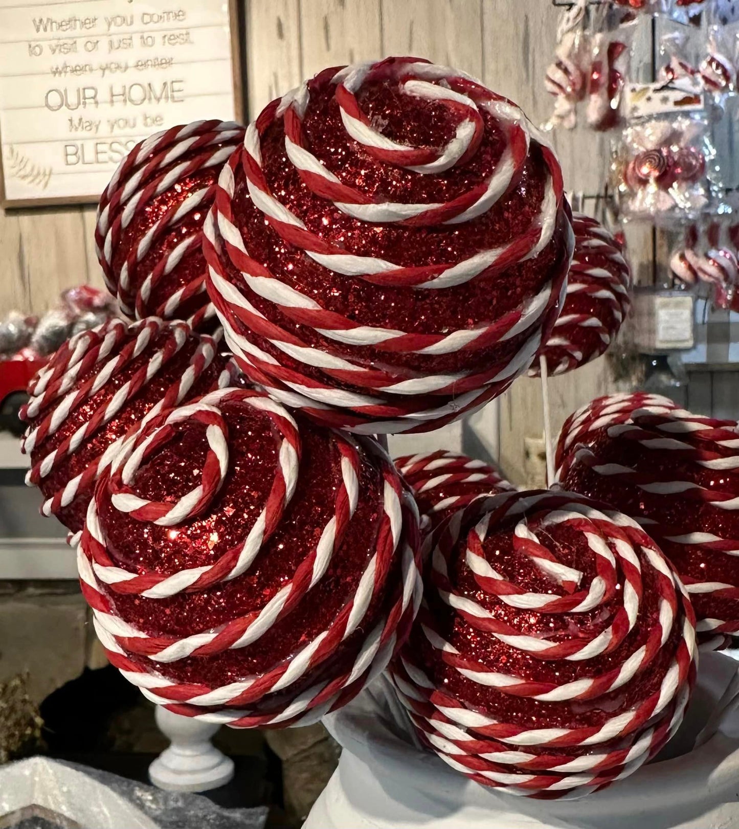 Glittered Peppermint Twine Striped Ball Pick 15” - Red/White