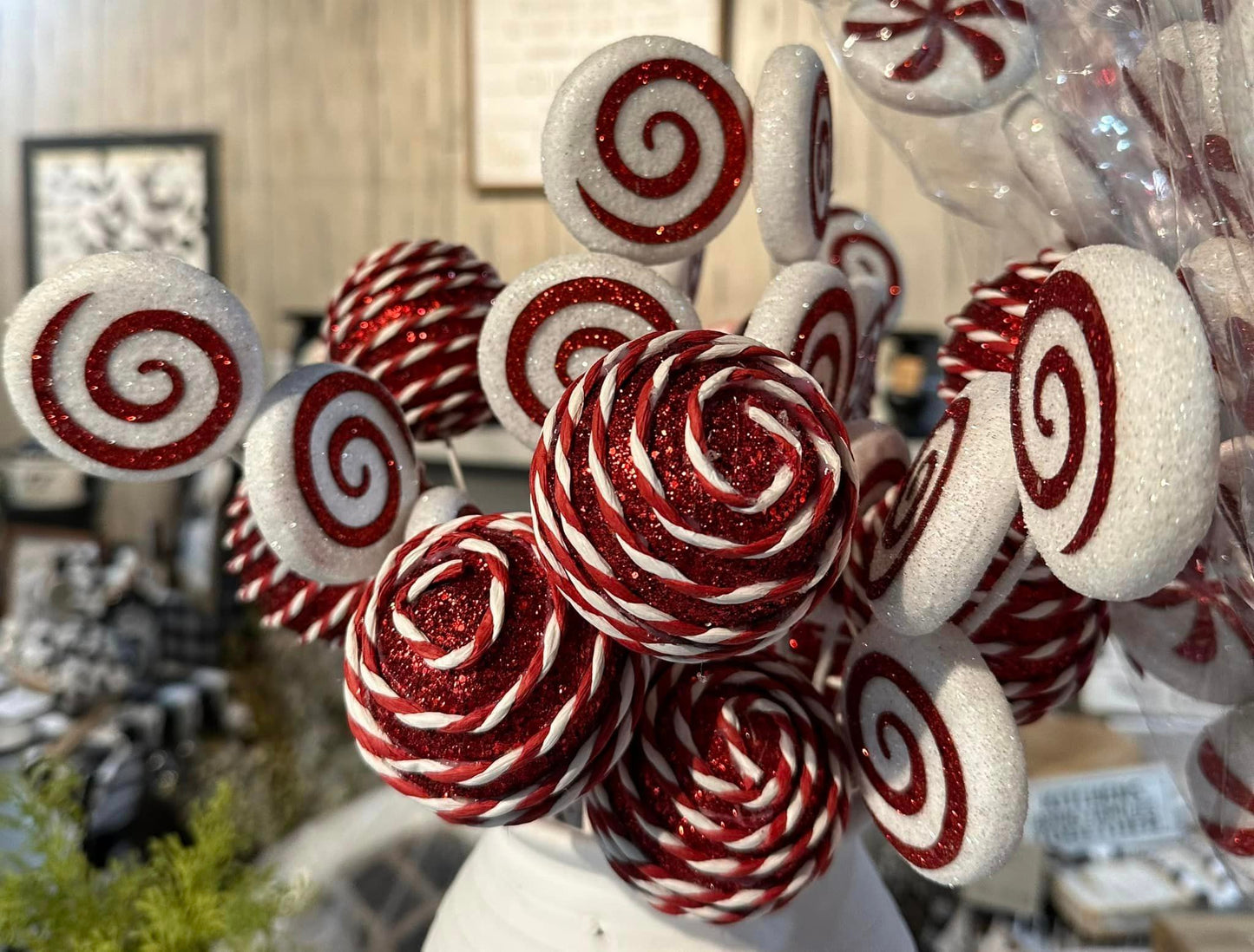 Glittered Peppermint Twine Striped Ball Pick 15” - Red/White