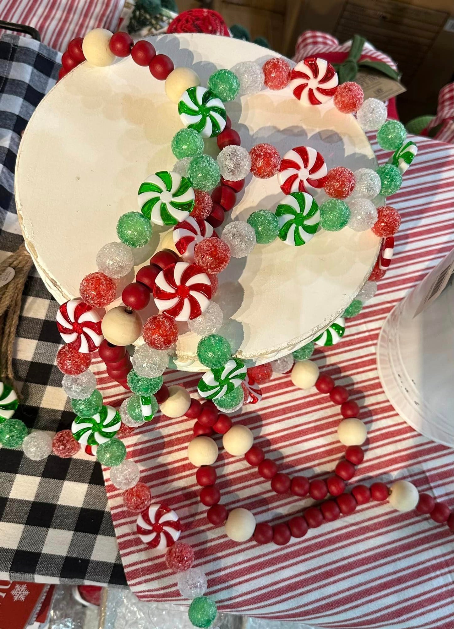 Frosted Peppermint Candy And Ball Garland - Red Green White