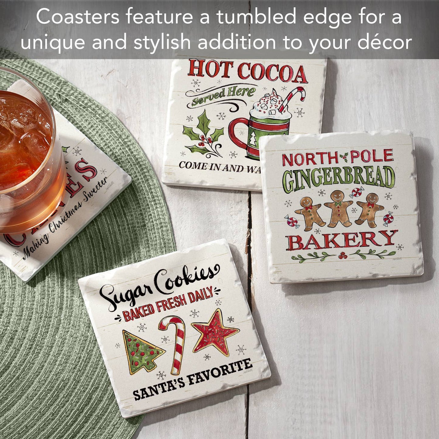 Christmas Treats Assorted Image Tumbled Tile Coaster 4 Pack