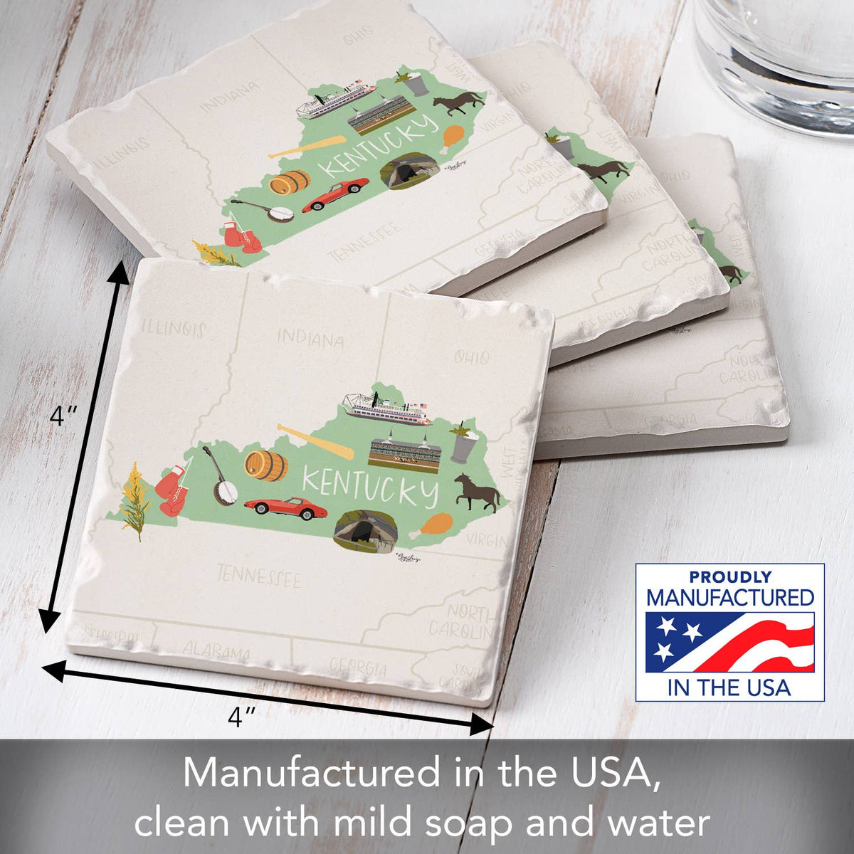 "Kentucky State Icons" 4 Pack Tumbled Tile Coaster Set