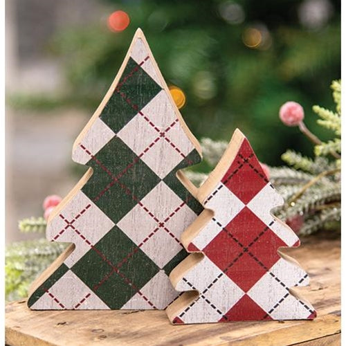 Set of 2 Distressed Plaid Trees