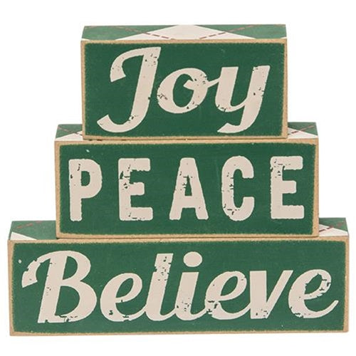 3/Set, Plaid Joy Believe Peace Wooden Blocks
