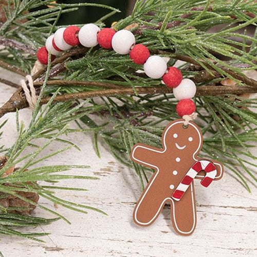 Red & White Wooden Beaded Gingerbread Man Ornament