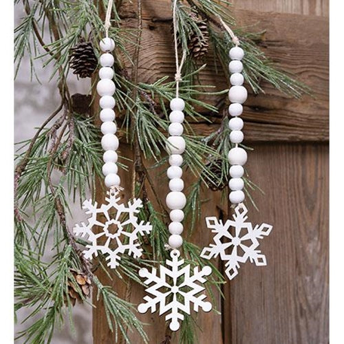 White Beaded Wooden Snowflake Cutout Ornament, 3 Asstd.