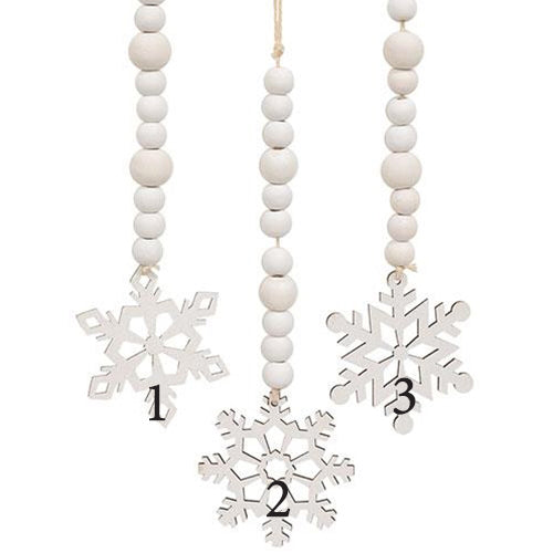 White Beaded Wooden Snowflake Cutout Ornament, 3 Asstd.