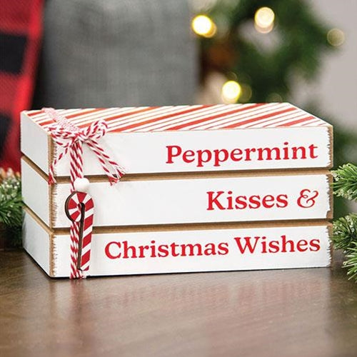 Peppermint Kisses & Christmas Wishes Wooden Book Stack