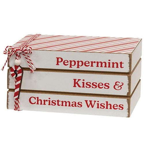 Peppermint Kisses & Christmas Wishes Wooden Book Stack