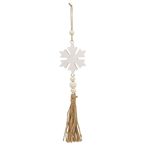 Glittered White Snowflake Beaded Wood Ornament with Tassel