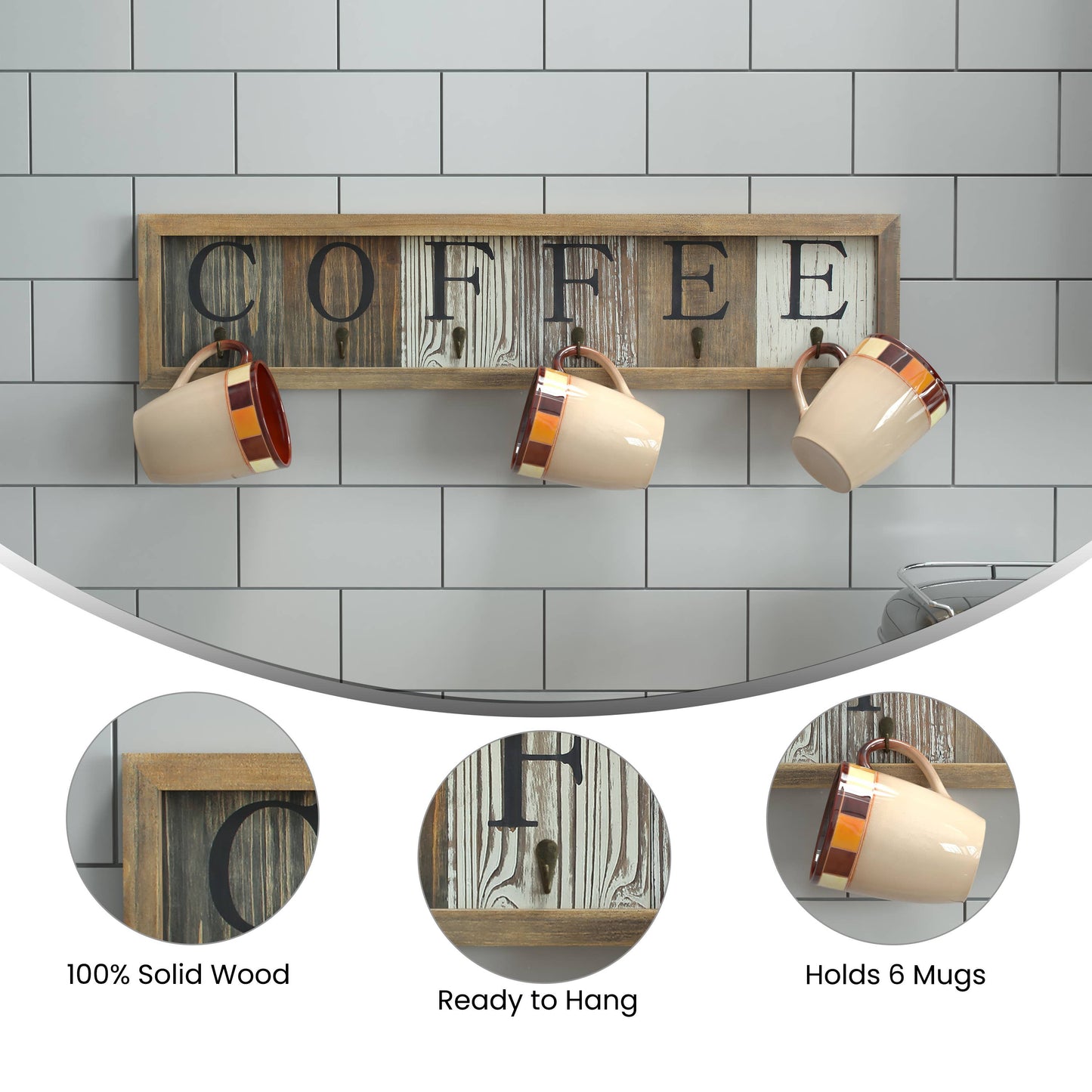 HBCY Distressed Printed Coffee Cup Rack with Hooks