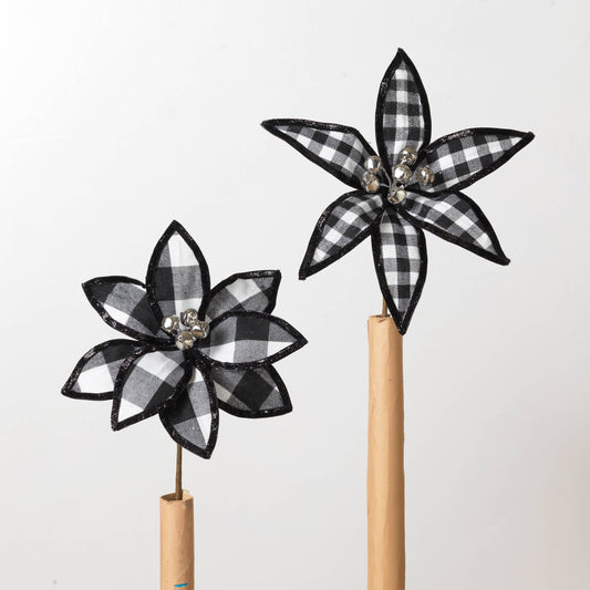 9.5"H Fabric Black & White Plaid Poinsettia Pick, 2 Asst