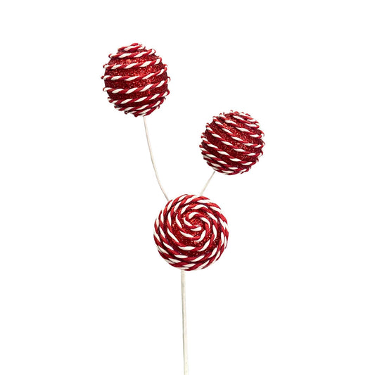 Glittered Peppermint Twine Striped Ball Pick 15” - Red/White